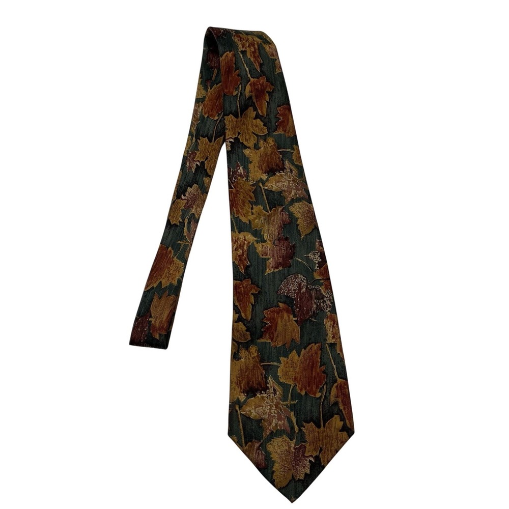 Vintage Eddie Bauer Tie Green Leaf Fall Autum Print Silk Hand Painted Made USA